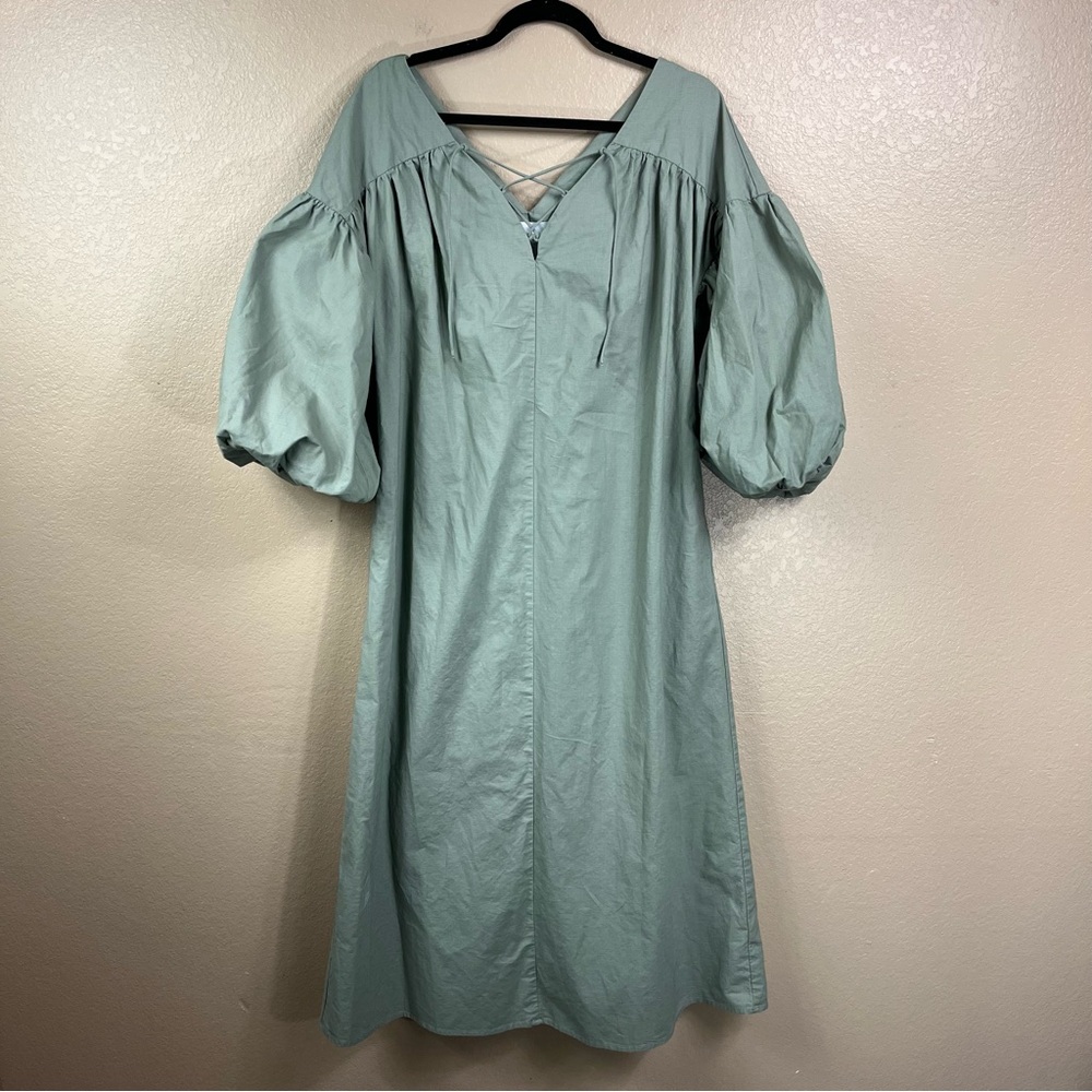 Anthro Oversized Mare Mare Puff Sleeve Tie Front Midi Dress NWOT - Picture 4 of 11